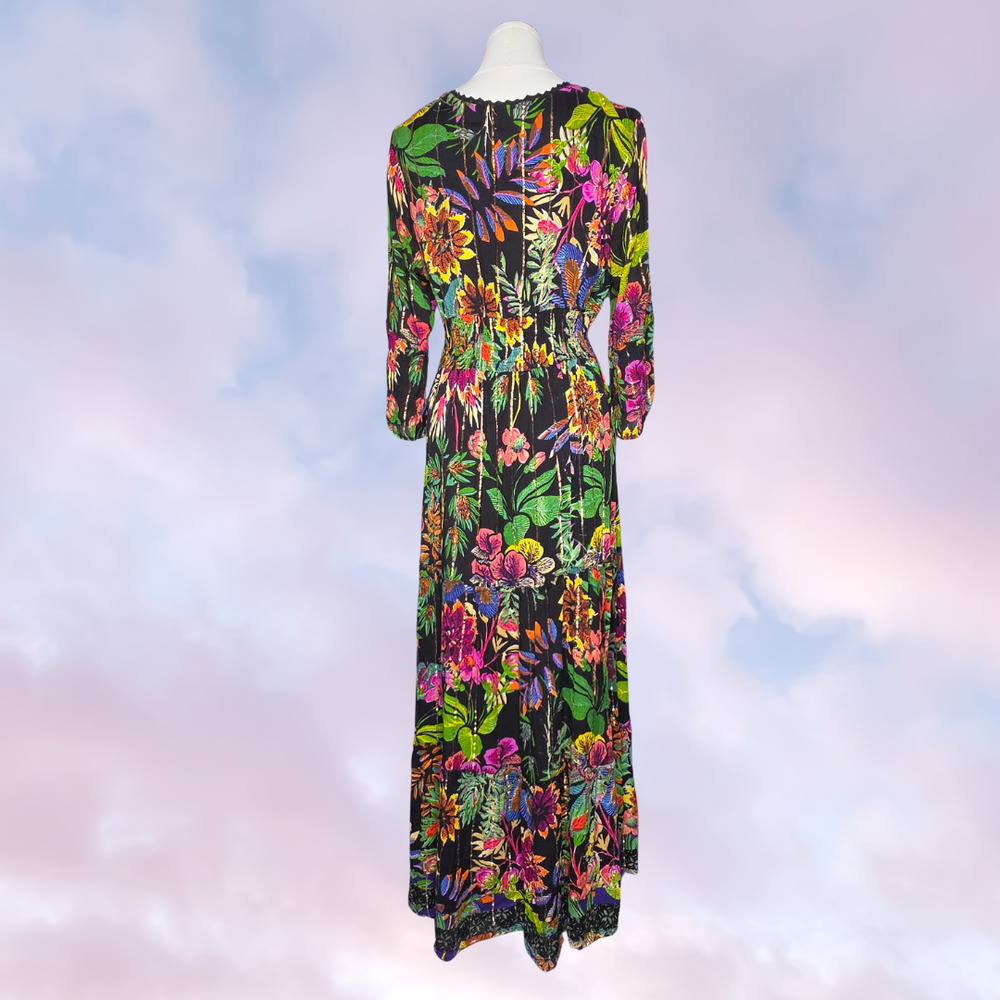 Me 2 Magic Black Floral Metallic Gold Viscose Boho Bell Sleeve Maxi Dress Size L - Picture 4 of 7